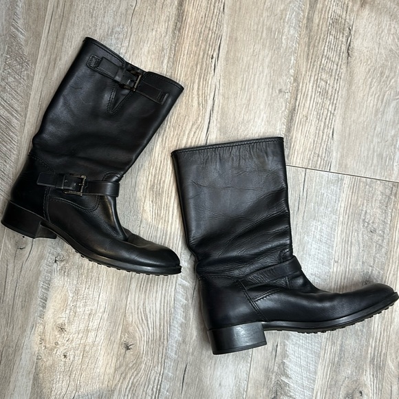 Tod's Black Leather Biker Buckle Mid Calf Boots